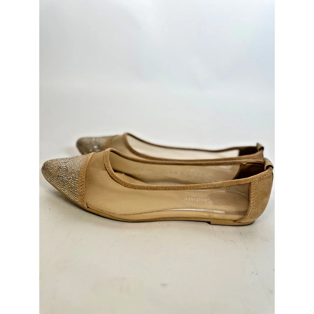 Juicy Couture Rhinestone Logo Mesh Flats Size 10 Nude Pointed Toe Ballet Flats
